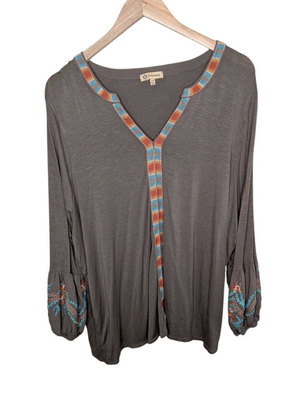 Democracy Womens 2X Olive Green Colorful Embroidered Peasant Top